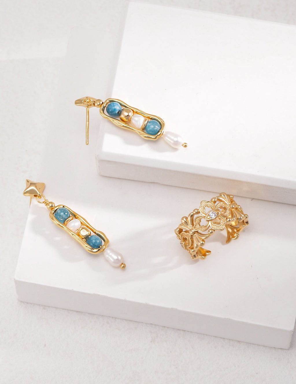 Amazonite Pearl Silver Drop Earrings with Sculptural Gold Frame