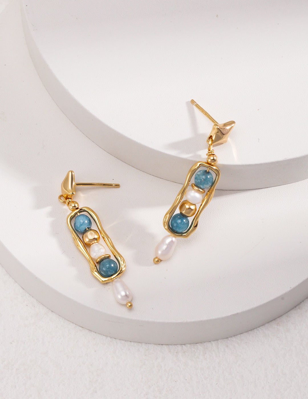 Amazonite Pearl Silver Drop Earrings with Sculptural Gold Frame