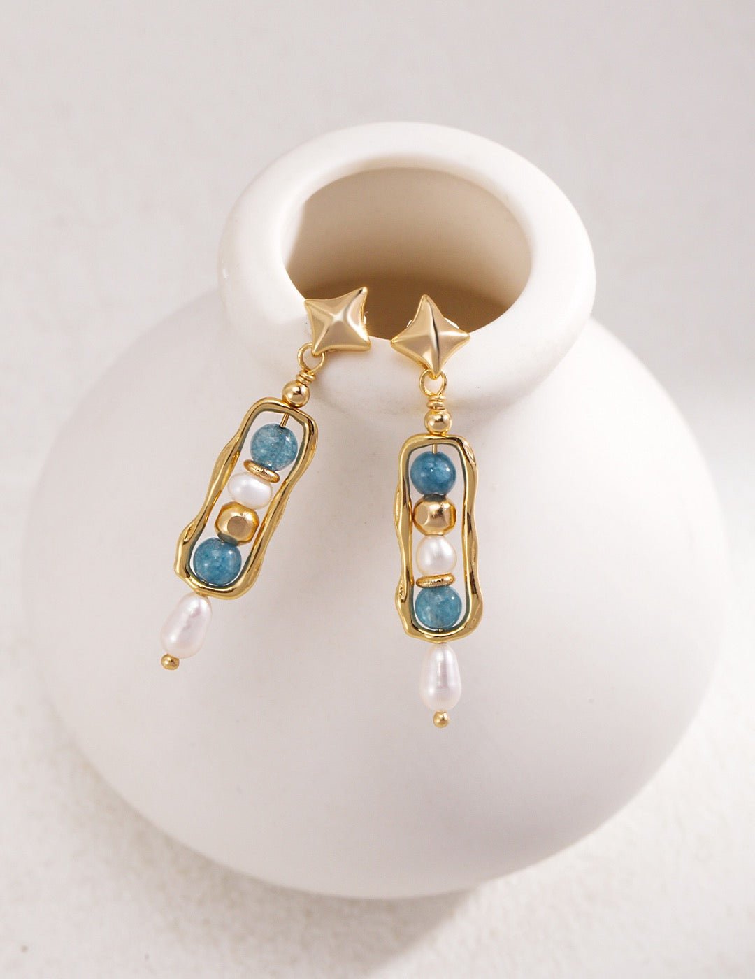Amazonite Pearl Silver Drop Earrings with Sculptural Gold Frame