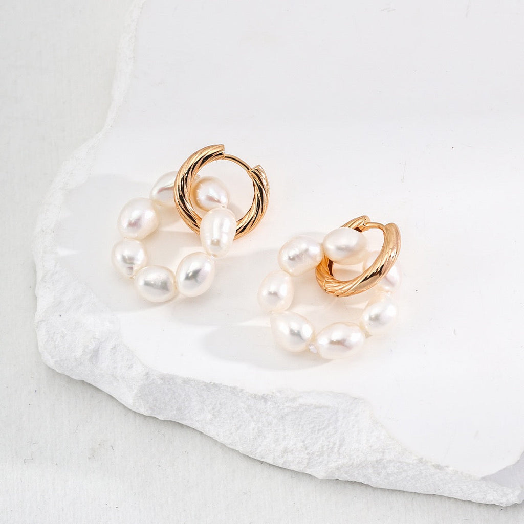 Natural Pearl Silver Hoop Earrings with Textured Gold Detail