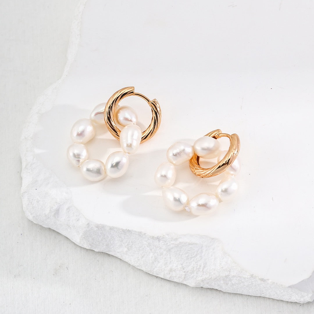 Natural Pearl Silver Hoop Earrings with Textured Gold Detail