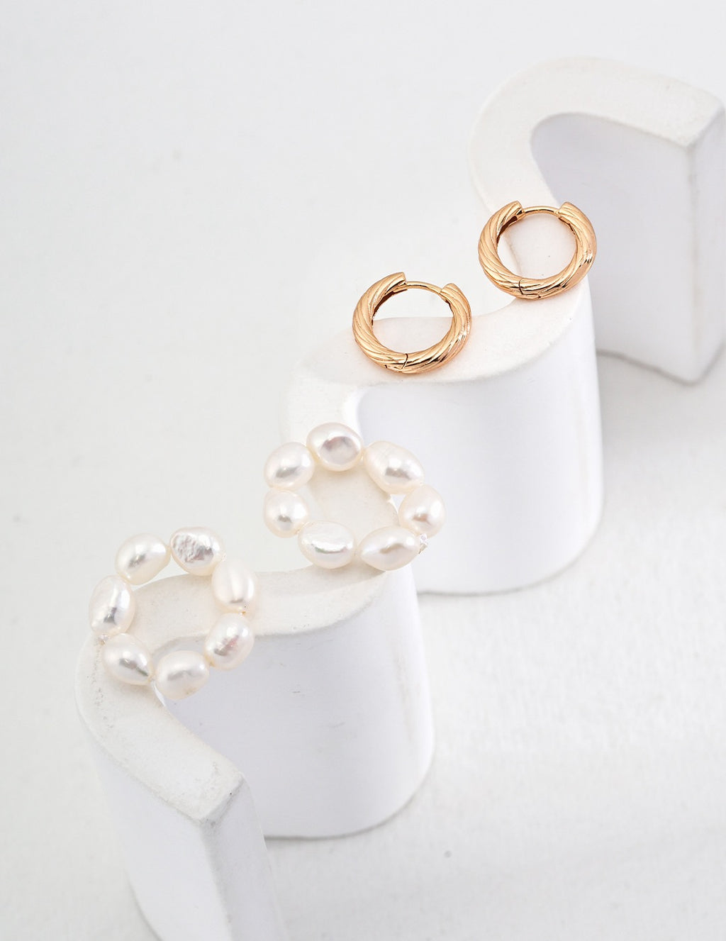 Natural Pearl Silver Hoop Earrings with Textured Gold Detail