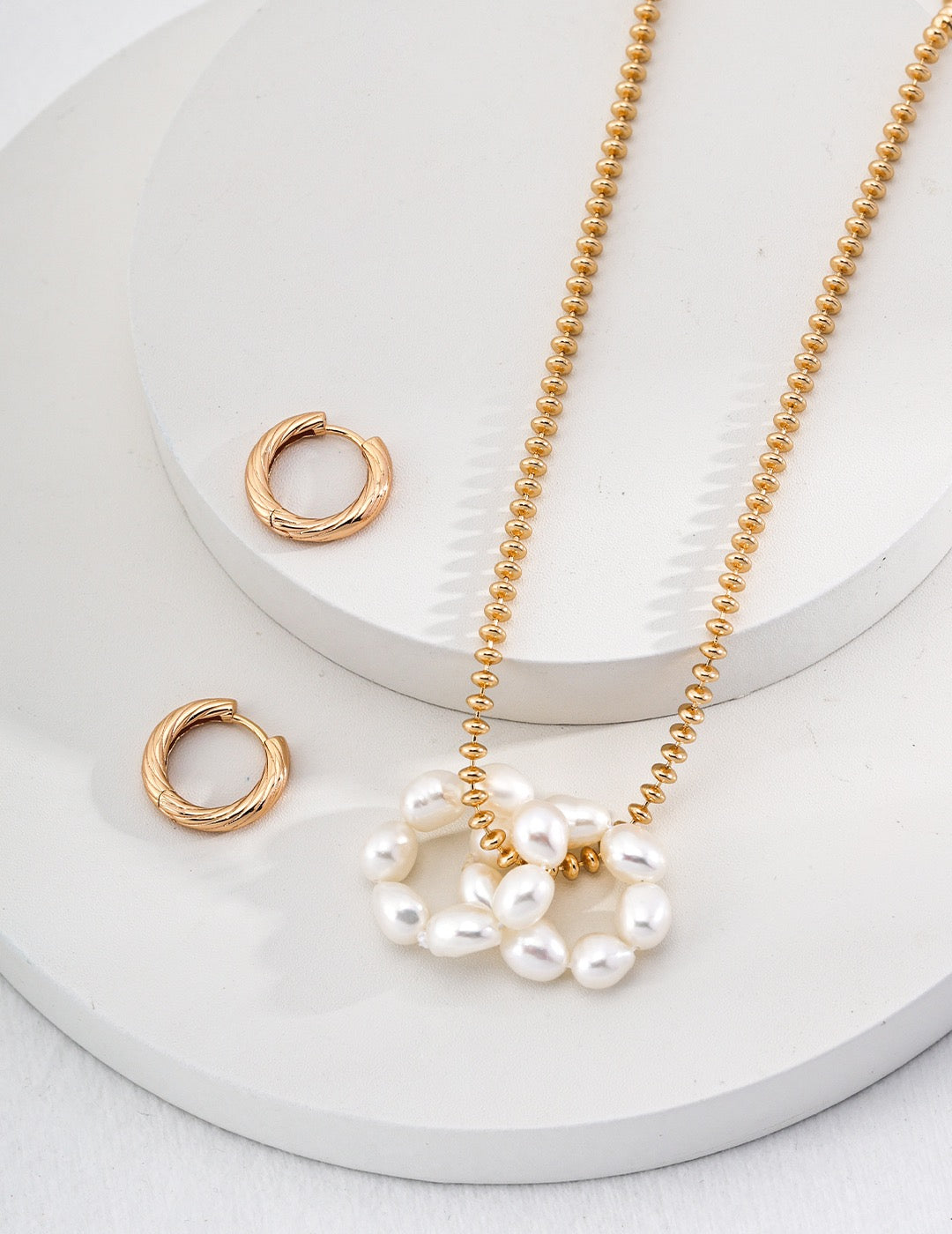 Natural Pearl Silver Hoop Earrings with Textured Gold Detail
