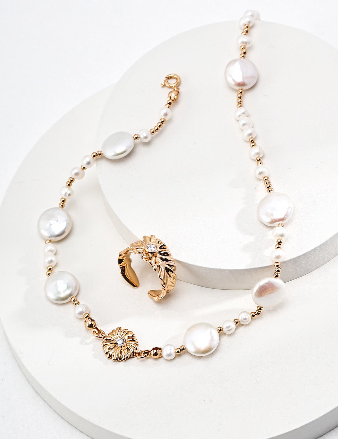 Pearl Floral Charm Necklace in Sterling Silver