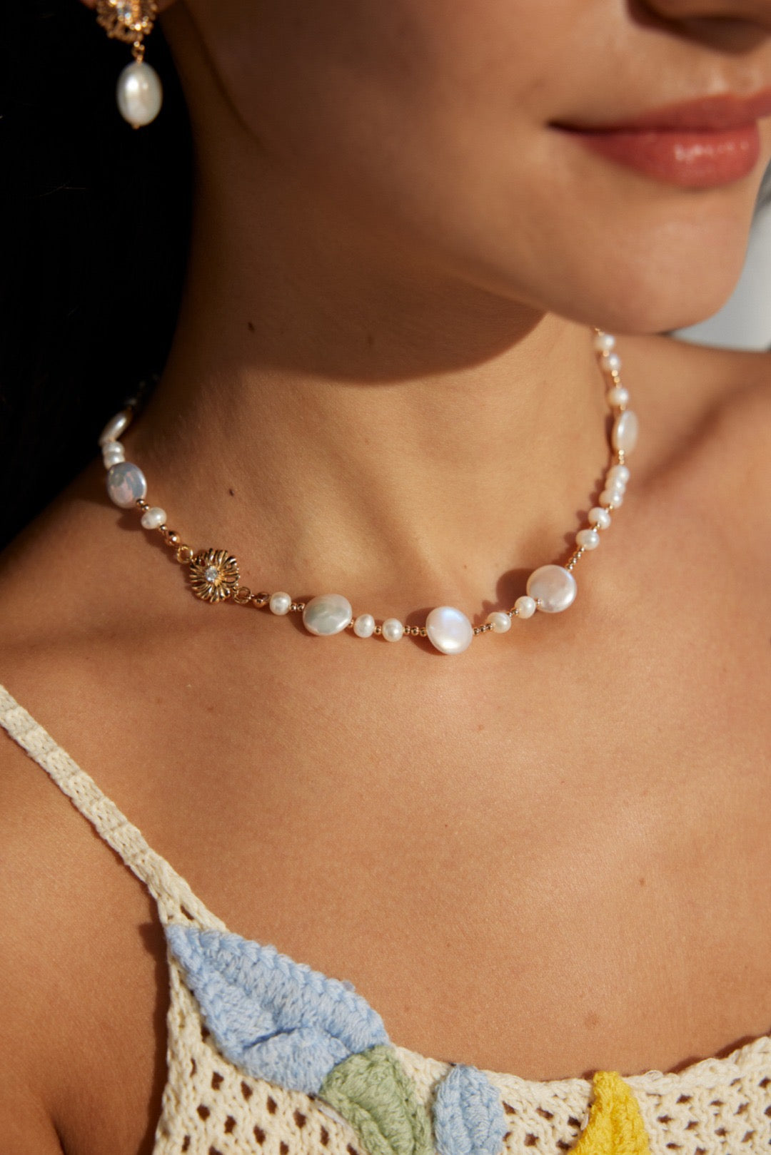 Pearl Floral Charm Necklace in Sterling Silver