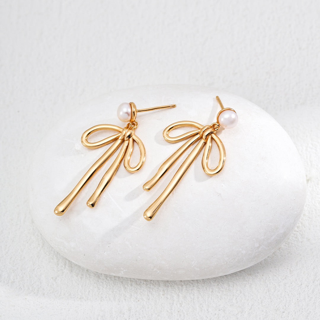 Pearl Bow Drop Earrings in Sterling Silver