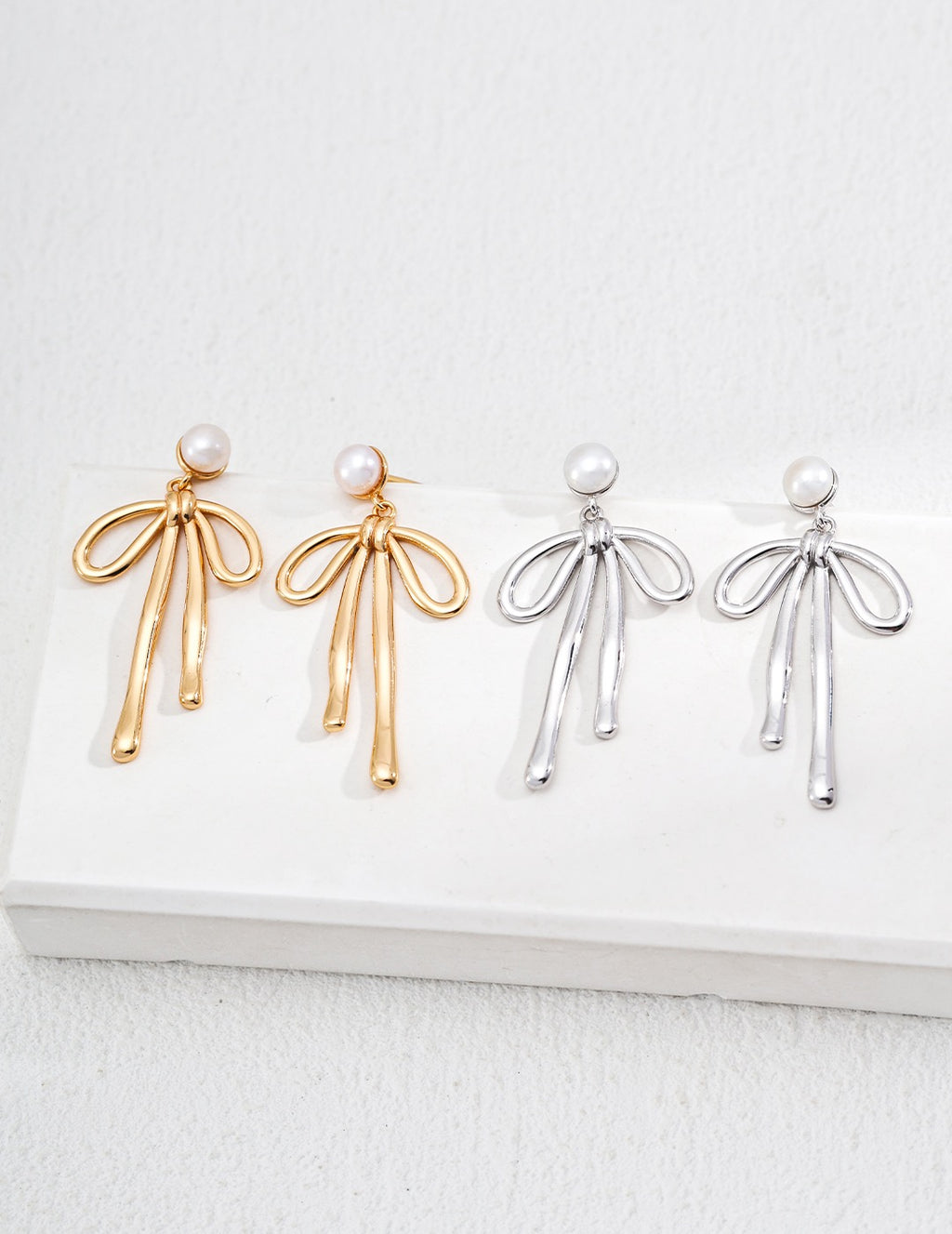 Pearl Bow Drop Earrings in Sterling Silver