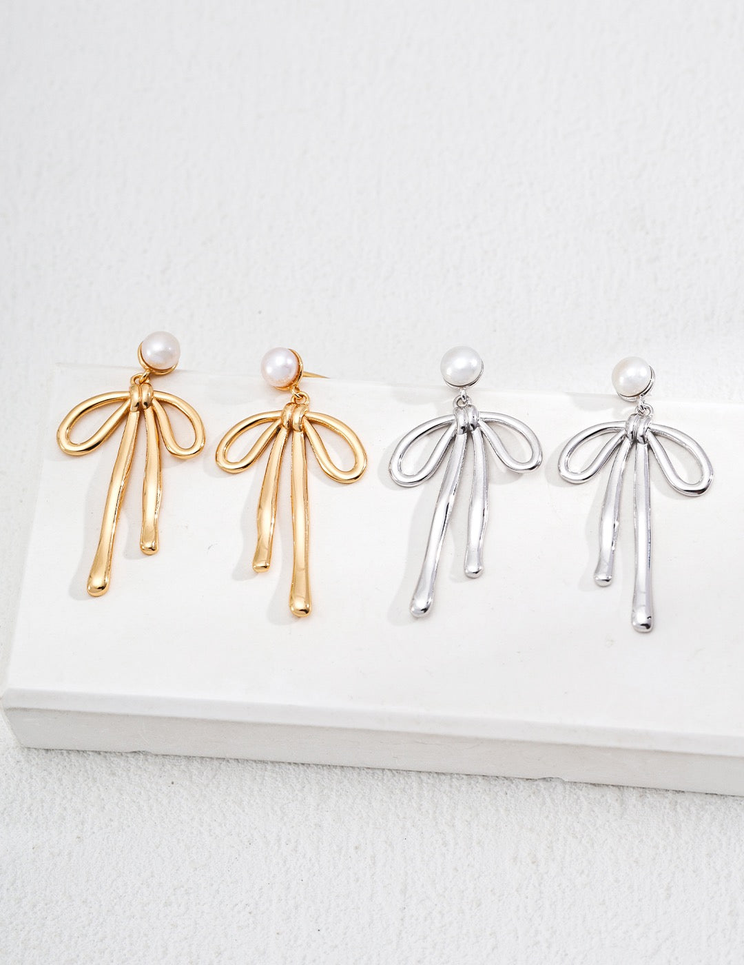 Pearl Bow Drop Earrings in Sterling Silver