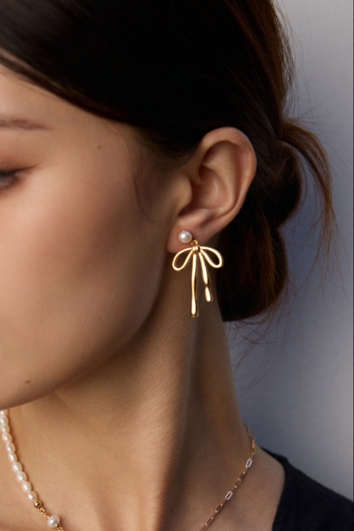 Pearl Bow Drop Earrings in Sterling Silver