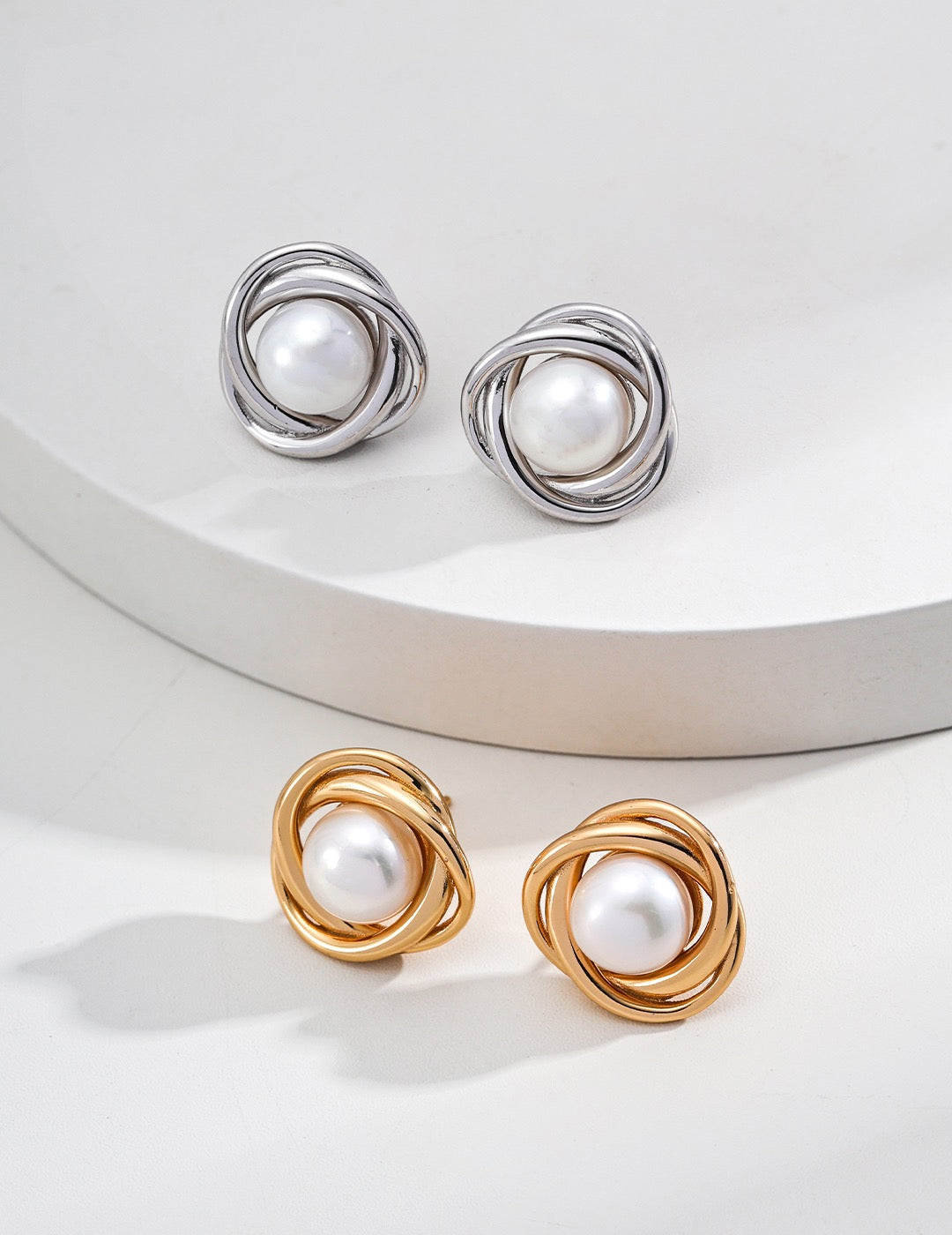 Pearl Knot Stud Earrings in Sterling Silver