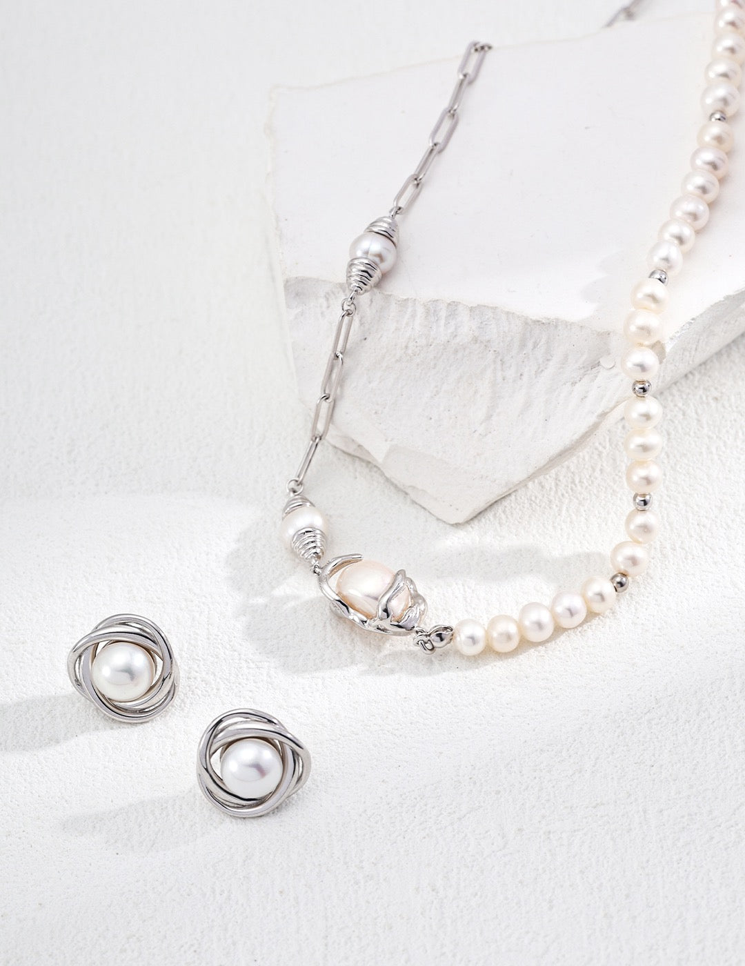 Pearl Knot Stud Earrings in Sterling Silver