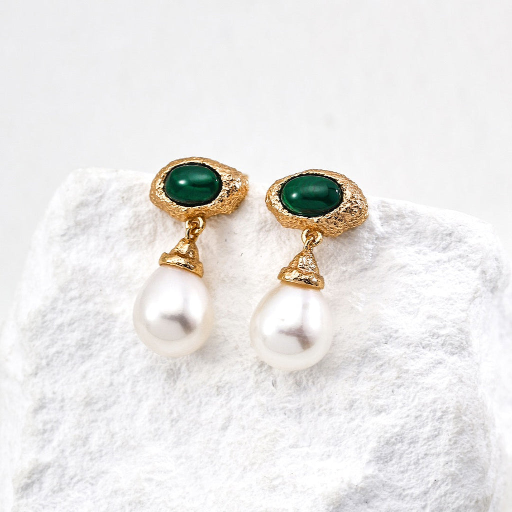 Malachite Pearl Drop Earrings in Sterling Silver