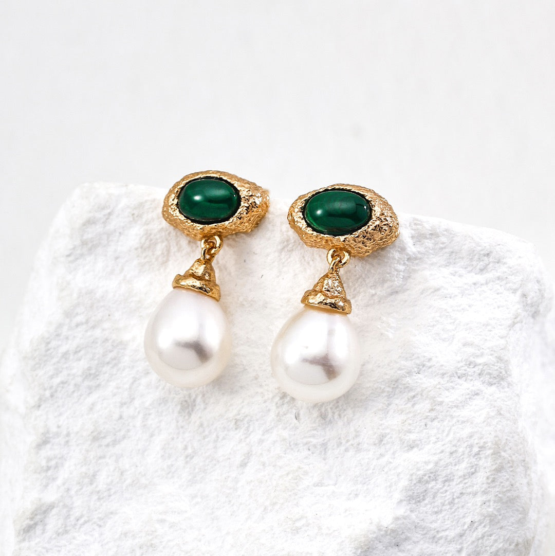 Malachite Pearl Drop Earrings in Sterling Silver