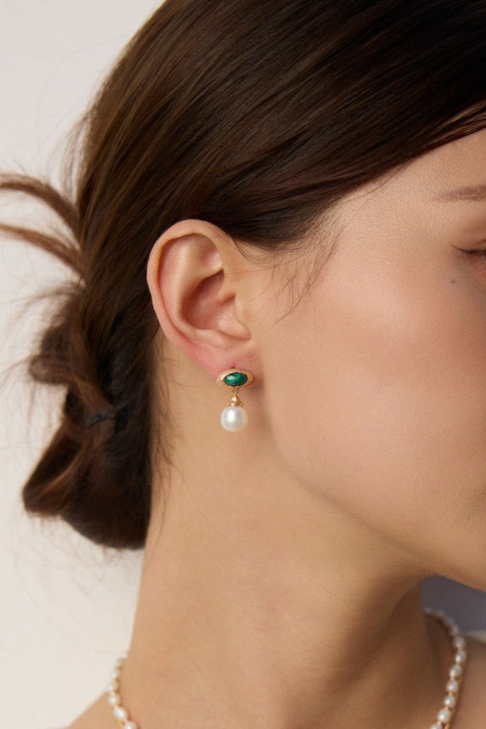 Malachite Pearl Drop Earrings in Sterling Silver