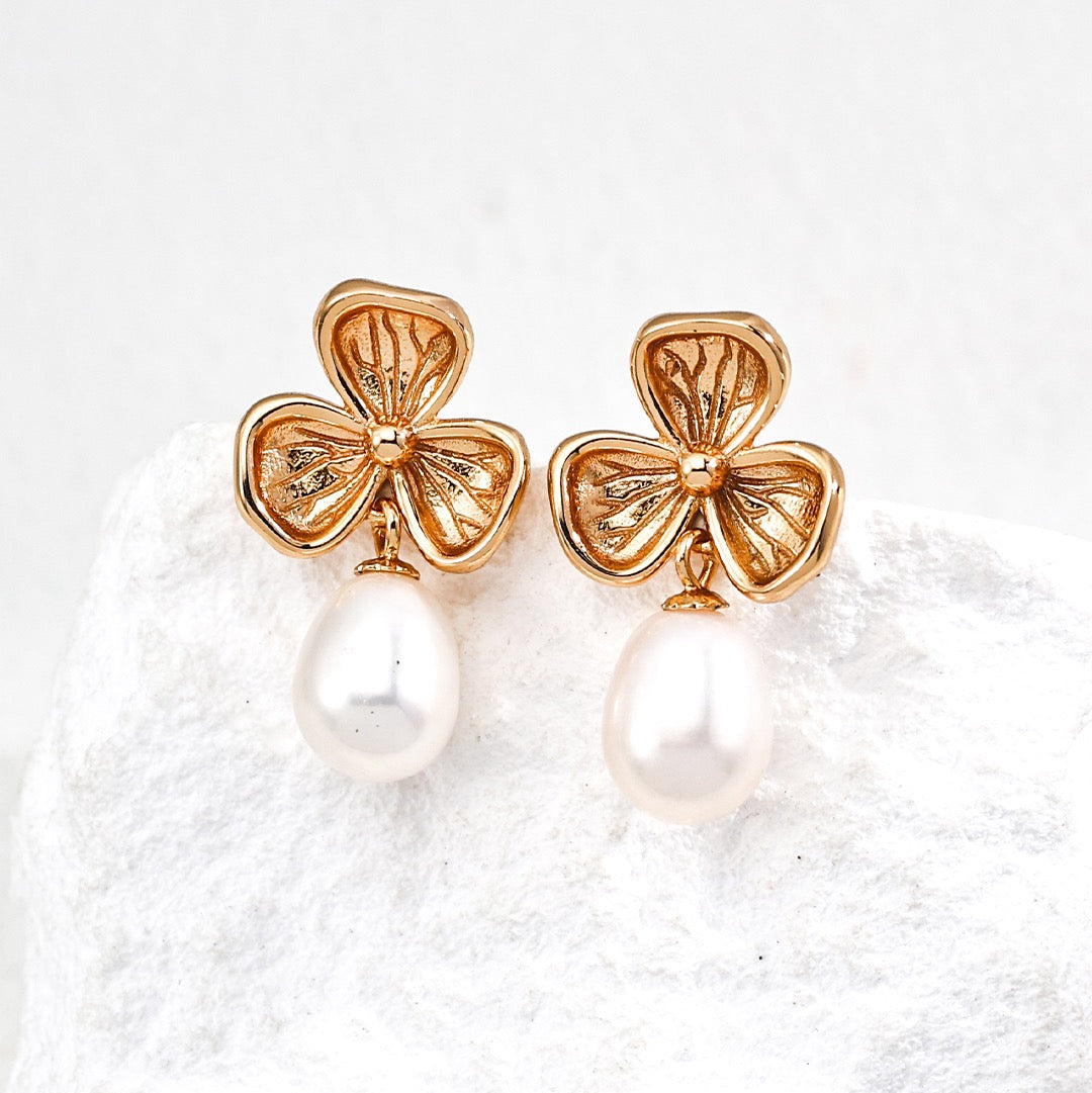 Pearl Flower Drop Earrings in Sterling Silver
