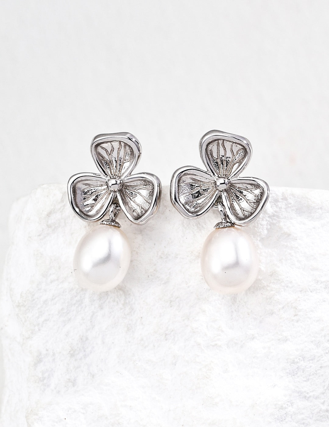 Pearl Flower Drop Earrings in Sterling Silver