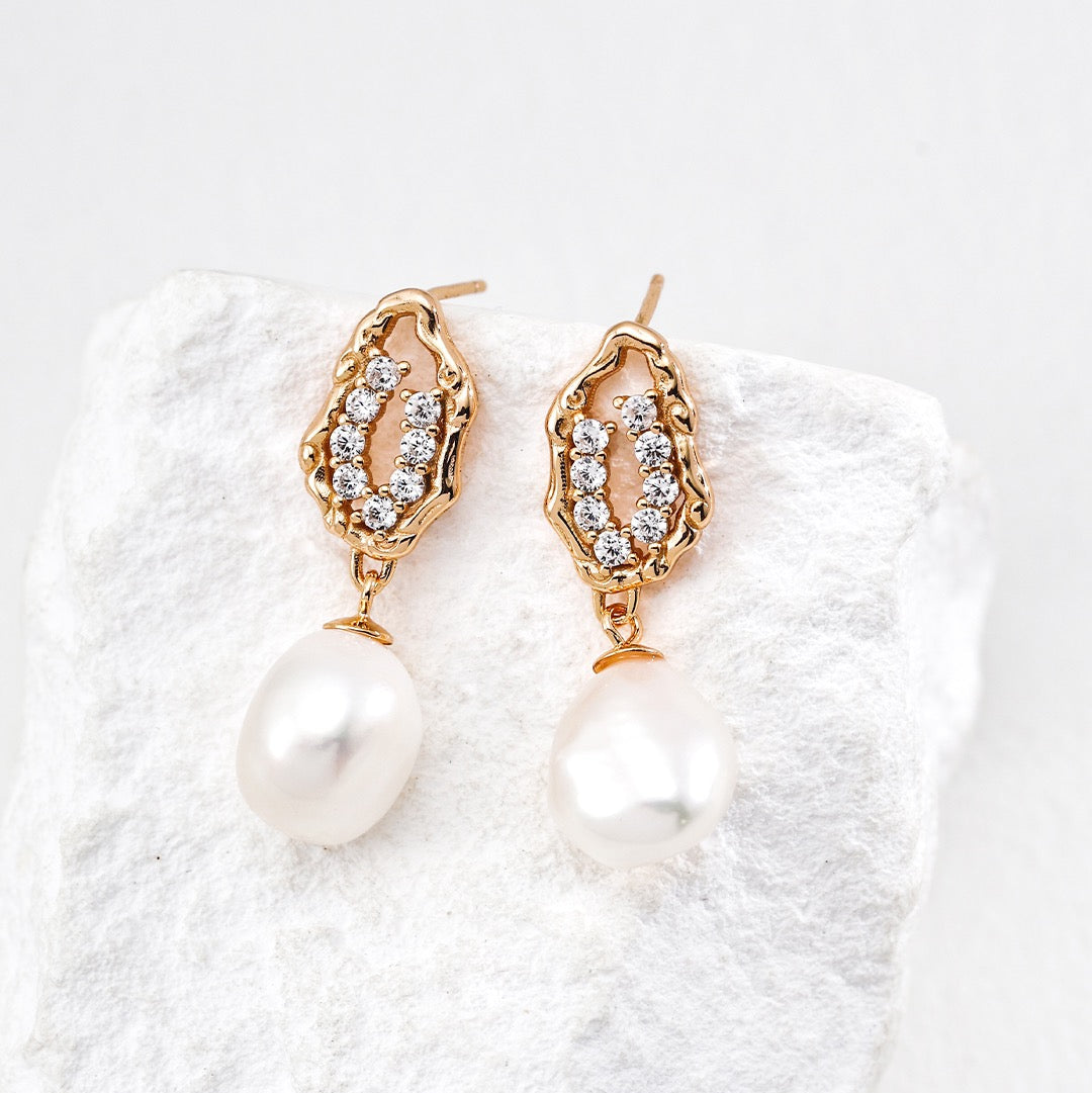 Zircon Pearl Drop Earrings in Sterling Silver