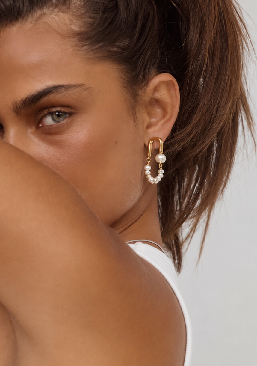 Natural Pearl Silver Hoop Earrings with Open Oval Design