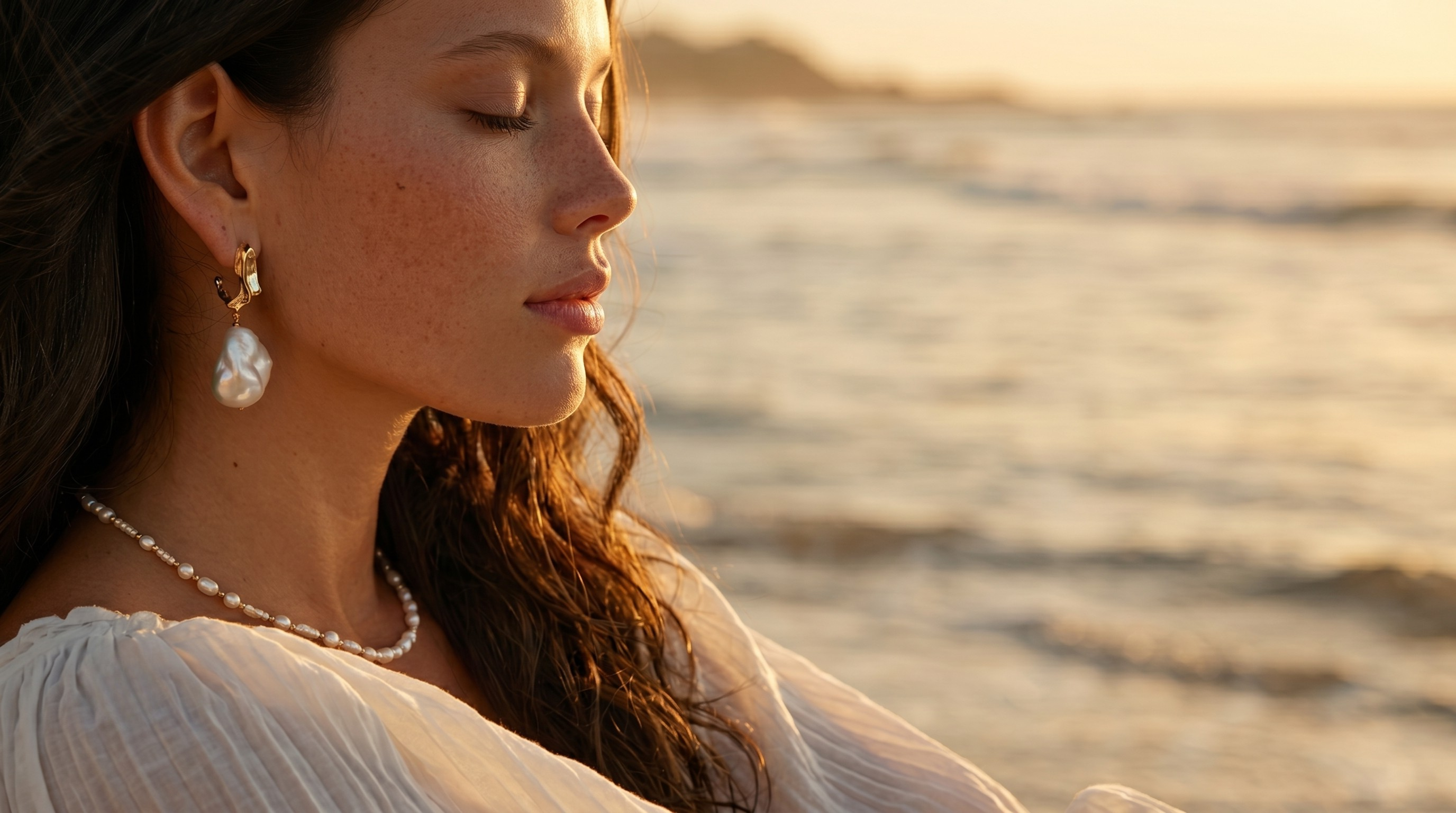 Woman with earrings and a necklace by the water at sunset